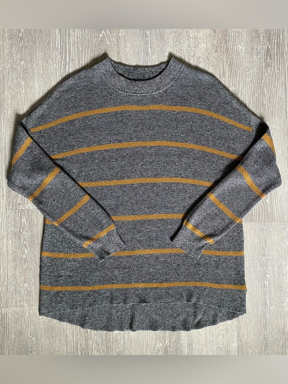 American Eagle Outfitters Gray Crewneck Knit Sweater with Mustard Stripes